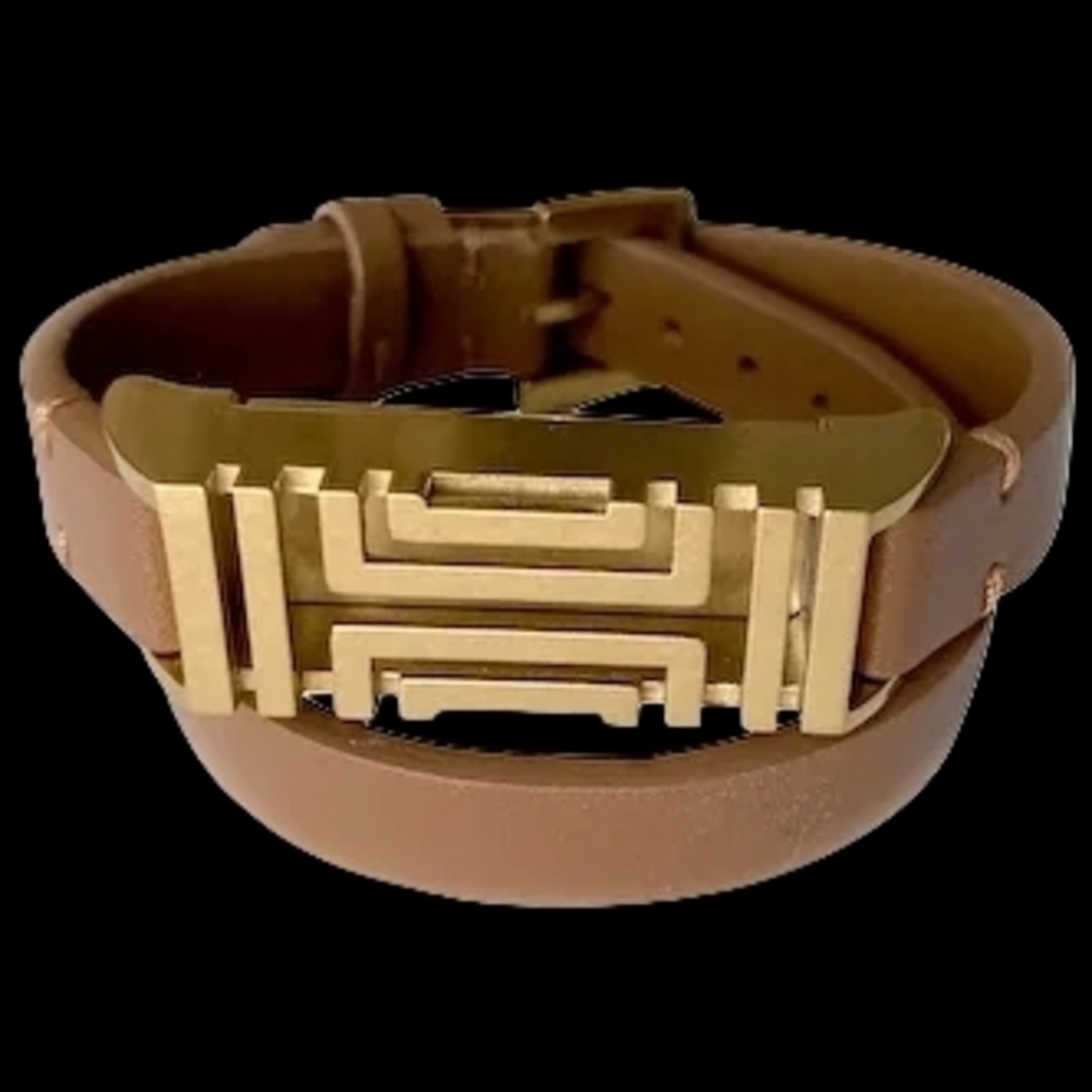 Tory Burch Silver Tone Fitbit Double Wrap Bracelet In Brown Leather